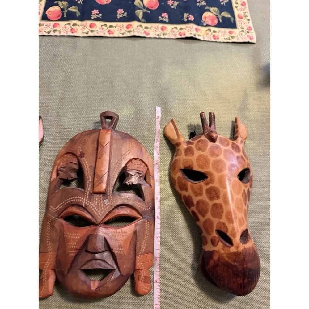 hand carved wooden African Masks Plus Statue Lot Of 4 Pieces Animal And Head